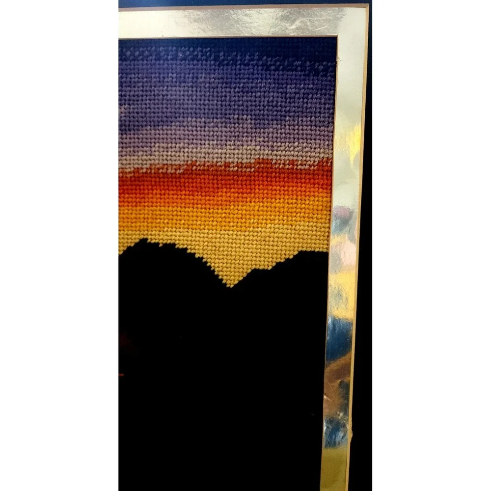 Sunset‎ Ocean Cove Needlepoint Homemade Silver Frame Matted
